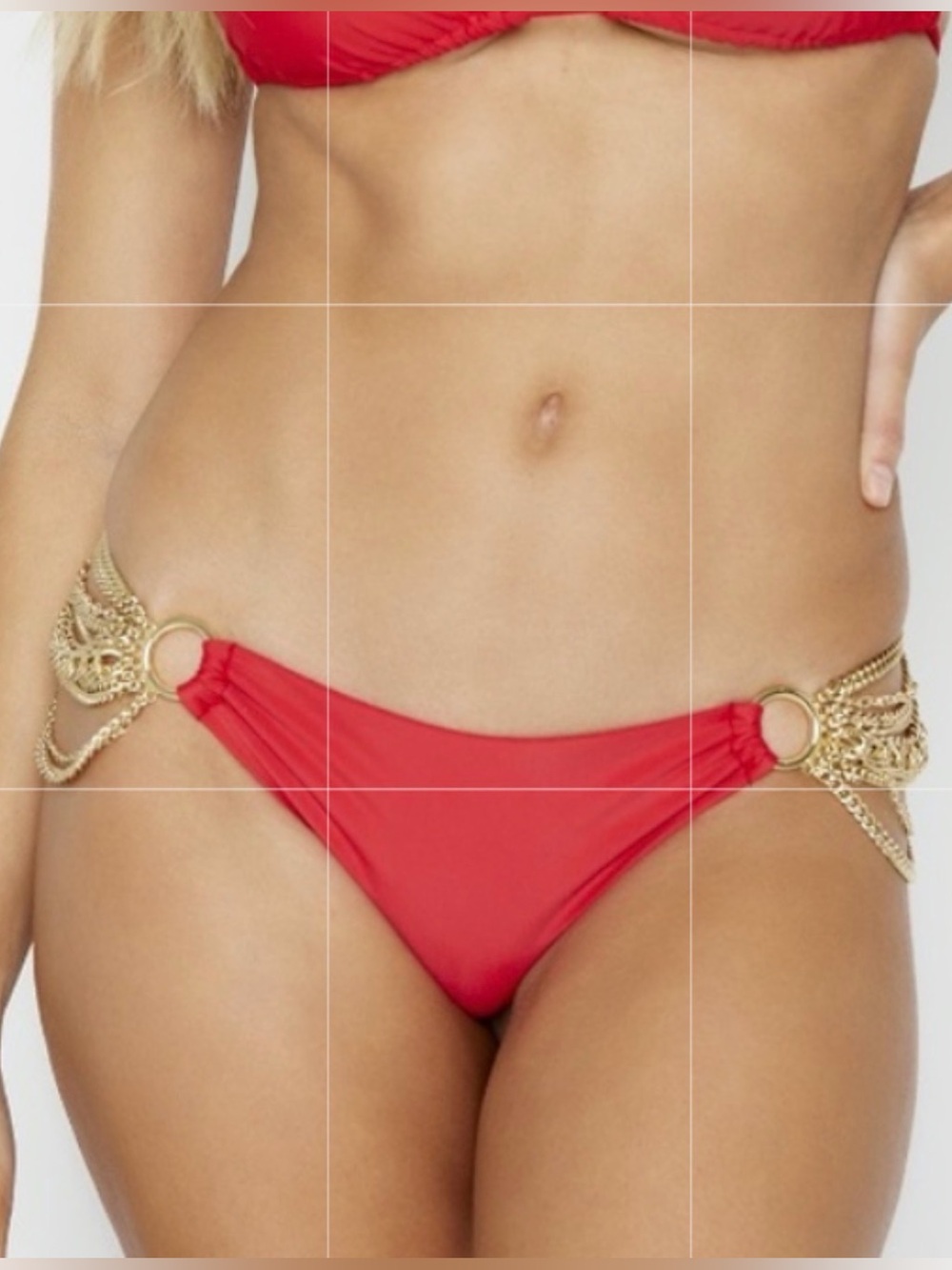 Beach Bunny Red Ball & Chain (Gold) Skimpy Scrunchie Butt Bikini Bottoms NWOT L